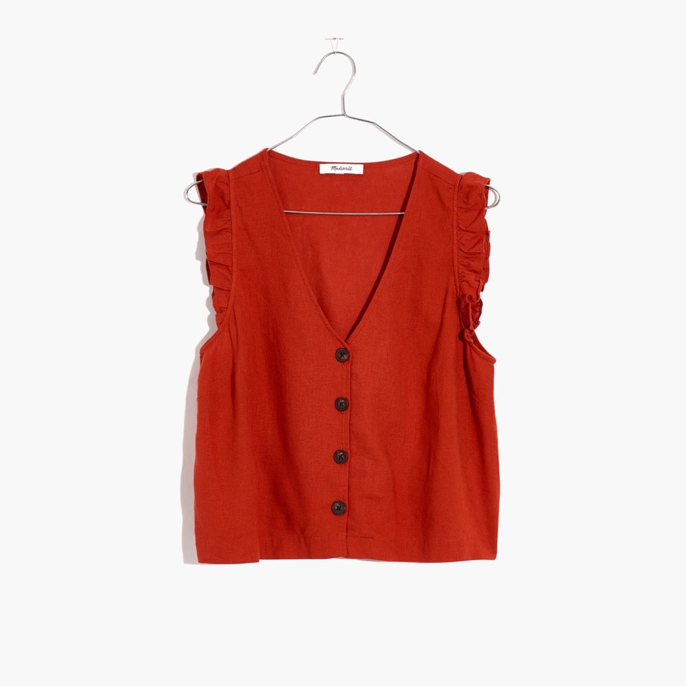 NWT Linen-Blend Ruffle Button-Front Tank - Picture 2 of 6